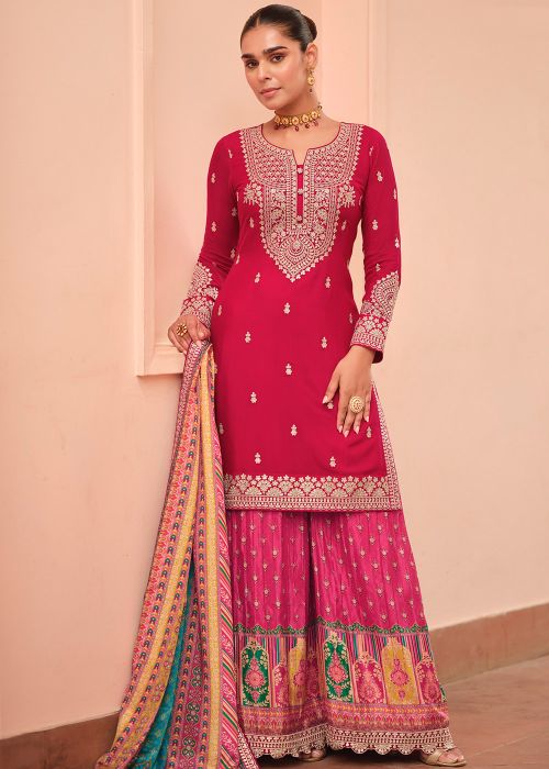 Rani Pink Chiffon Sharara Suit With Thread Embroidery