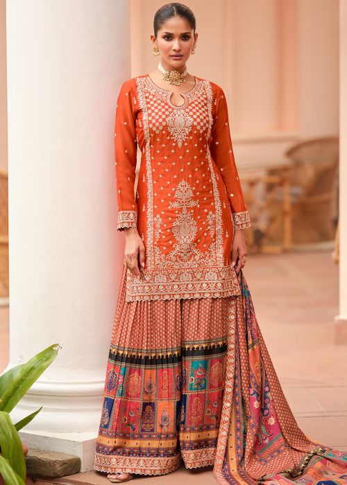 Rust Orange Chiffon Sharara Suit With Sequin Work