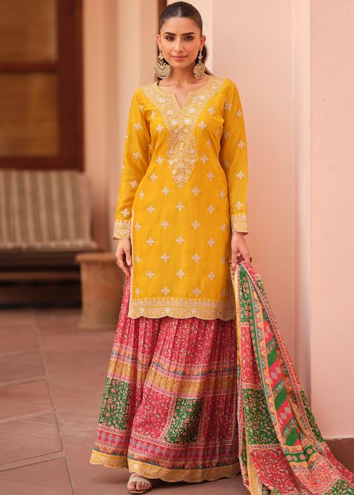 Mustard Yellow Chiffon Sharara Suit With Thread Work