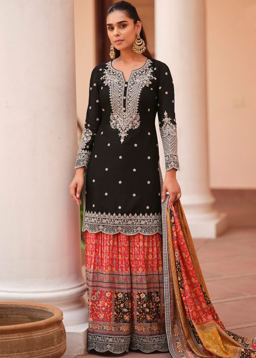 Black Chiffon Sharara Suit With Silver Thread Embroidery