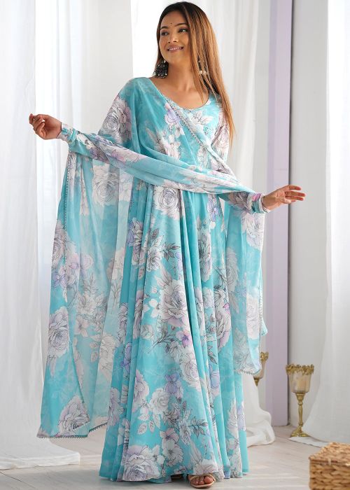 Aqua Blue Georgette Anarkali Suit With Floral Print
