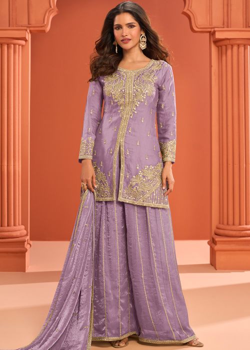 Lavender Art Silk Sharara Suit With Zari Detail