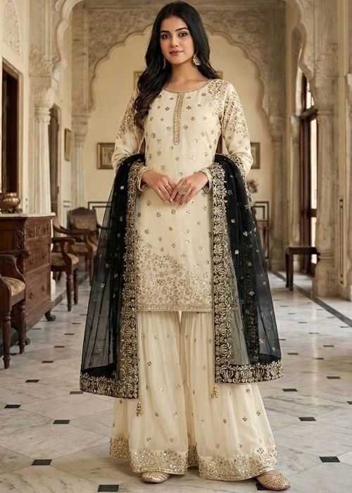Cream Art Silk Gharara Suit With Stone Embroidery
