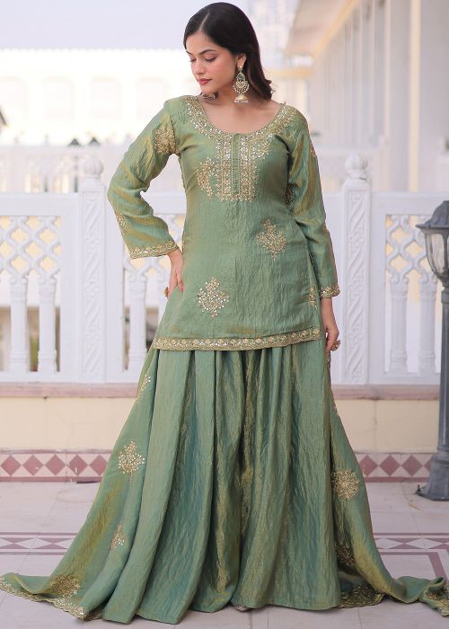 Green Art Silk Sharara Suit With Sequin Work