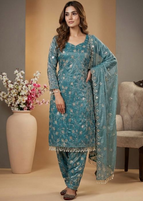 Blue Art Silk Farsi Pant Suit With Thread Work