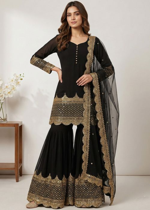 Black Georgette Gharara Suit With Gold Embroidery