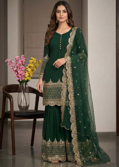 Green Georgette Gharara Suit With Traditional Work
