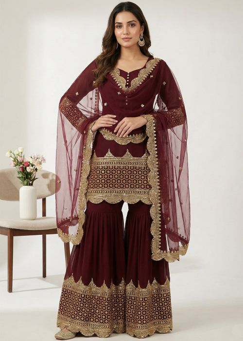 Maroon Georgette Gharara Suit With Sequin Work