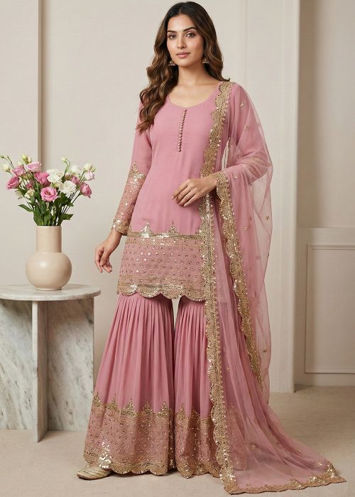 Pink Georgette Gharara Suit With Delicate Embroidery