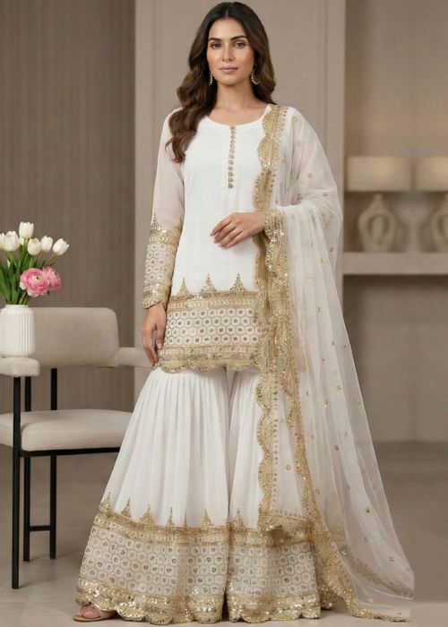 White Georgette Gharara Suit With Elegant Embroidery