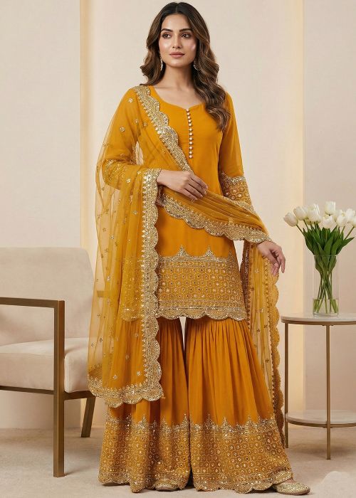 Mustard Yellow Georgette Gharara Suit With Traditional Embroidery