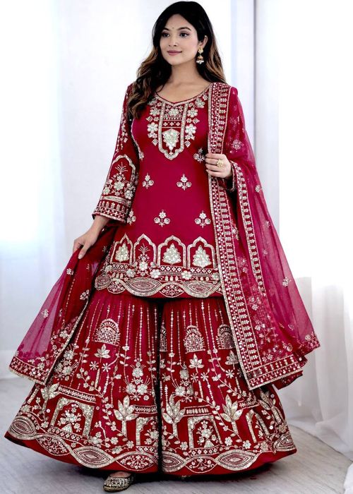 Maroon Georgette Sharara Suit With Heavy Embroidery