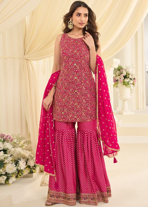Rani Pink Georgette Gharara Suit With Zari Work