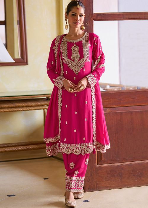 Magenta Chiffon Pant Suit With Mirror Embroidery