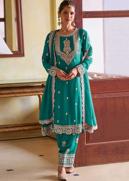 Teal Green Chiffon Pant Suit With Dori Detailing