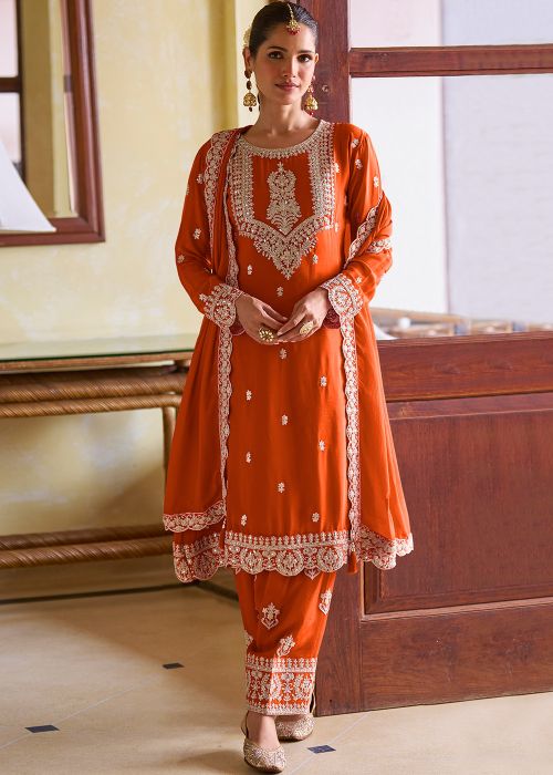 Orange Chiffon Pant Suit With Mirror Work