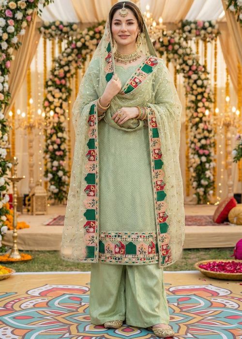 Pastel Green Georgette Palazzo Suit With Elegant Border