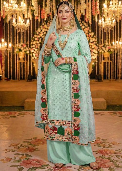 Aqua Blue Georgette Palazzo Suit With Thread Border
