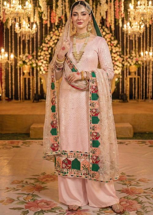 Peach Georgette Palazzo Suit With Embroidery