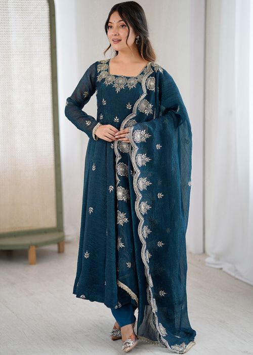 Teal Blue Art Silk Anarkali Suit With Sequins
