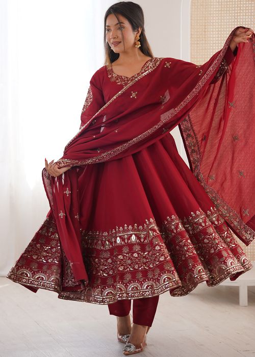 Maroon Art Silk Anarkali Suit With Embroidered Hem