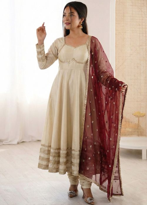 Cream Art Silk Anarkali Suit With Maroon Dupatta
