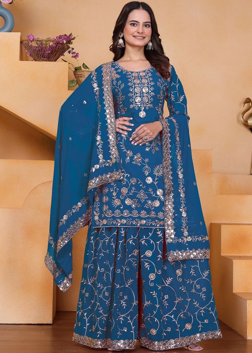 Teal Blue Georgette Sharara Suit With Silver Work