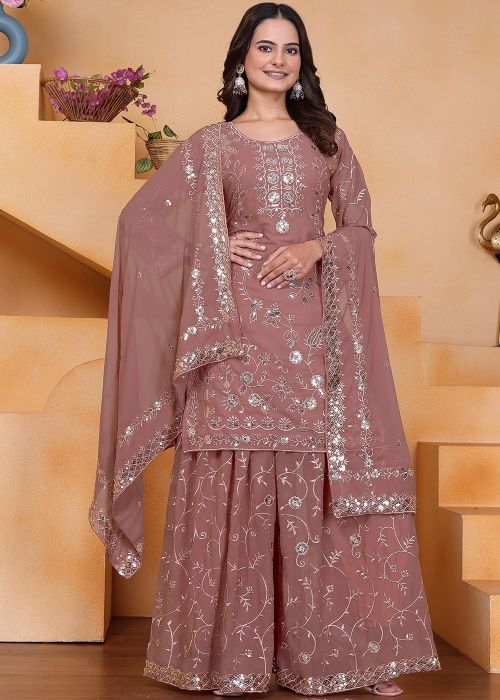 Dusty Pink Georgette Sharara Suit With Embroidery