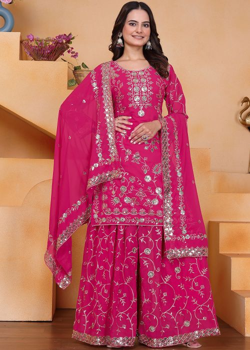 Dark Pink Georgette Sharara Suit With Heavy Embroidery