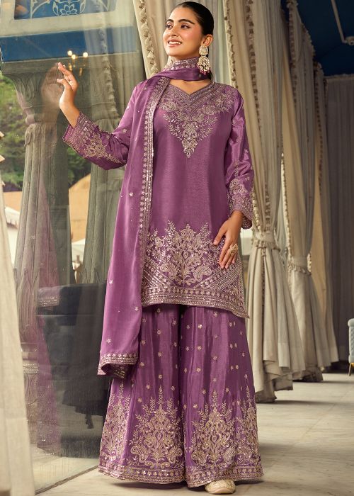Mauve Purple Chiffon Sharara Suit With Zari Work