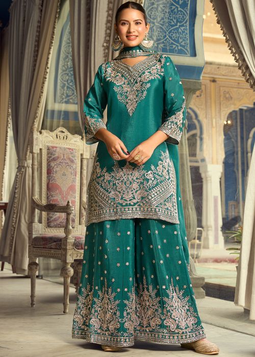 Teal Green Chiffon Sharara With Zari Embroidery