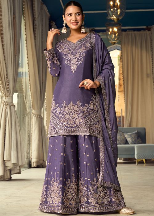 Purple Chiffon Sharara Suit With Zari Detail