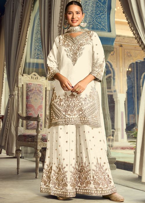 White Chiffon Sharara Suit With Zari Work