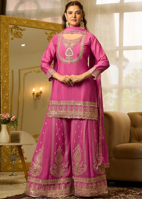 Scarlet Pink Chiffon Sharara Suit With Zari Work