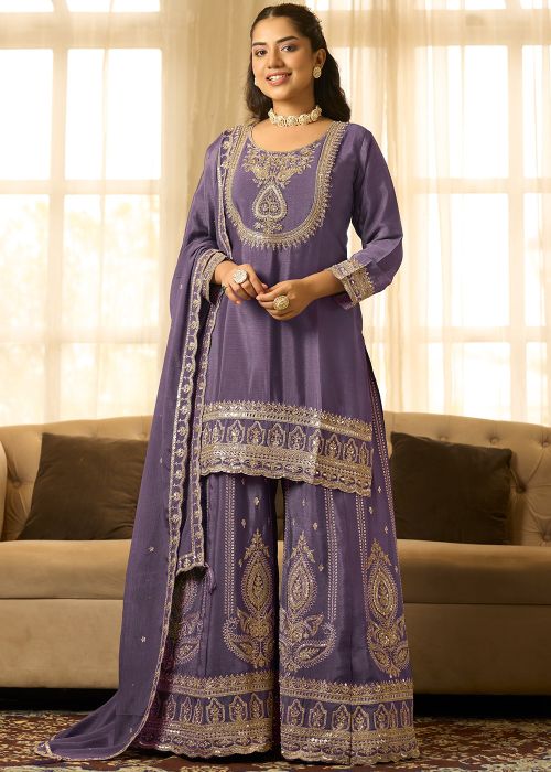 Lavender Chiffon Sharara Suit With Dori Embroidery