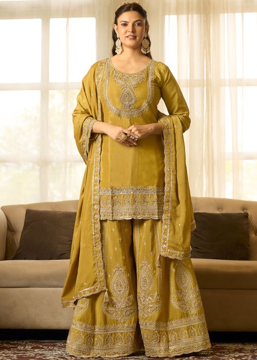Mustard Yellow Chiffon Sharara Suit With Sequins Work