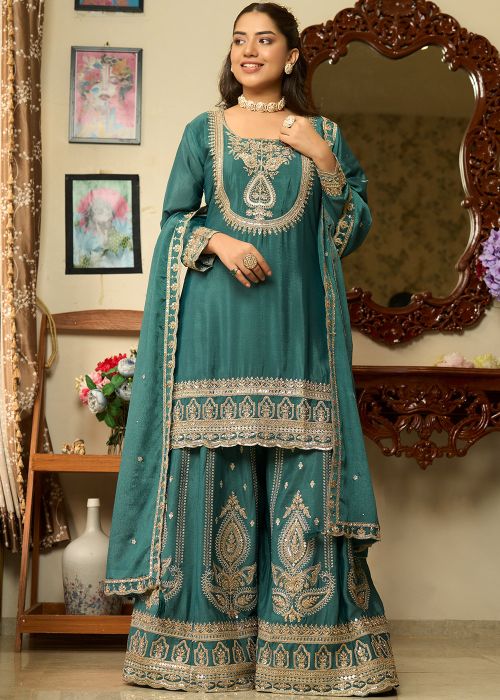 Teal Green Chiffon Sharara Suit With Zari Embroidery