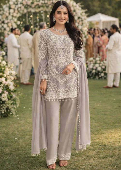Grey Georgette Pant Suit With Beads Work