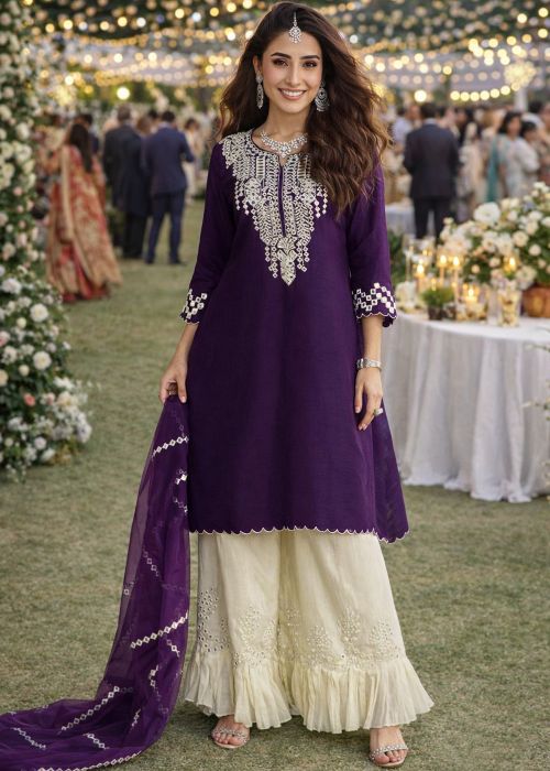 Purple Silk Sharara Suit With Mirror Embroidery