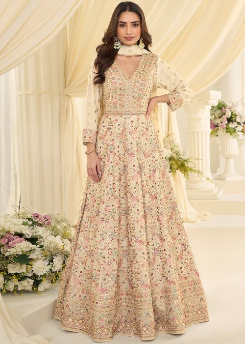Off White Georgette Abaya Suit With Floral Embroidery