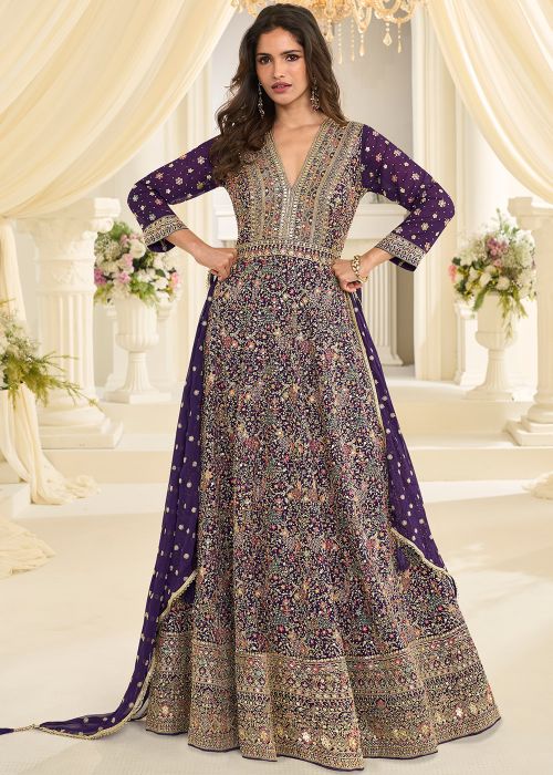 Purple Georgette Abaya Suit With Zari Embroidery