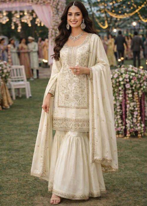 Off White Silk Gharara Suit With Gold Embroidery