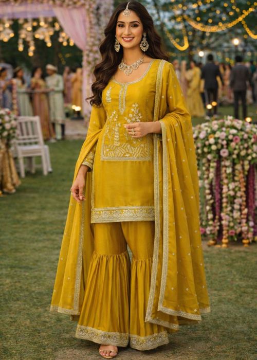 Mustard Yellow Silk Gharara Suit With Thread Work