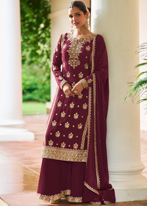 Wine Chiffon Sharara Suit With Zari Embroidery