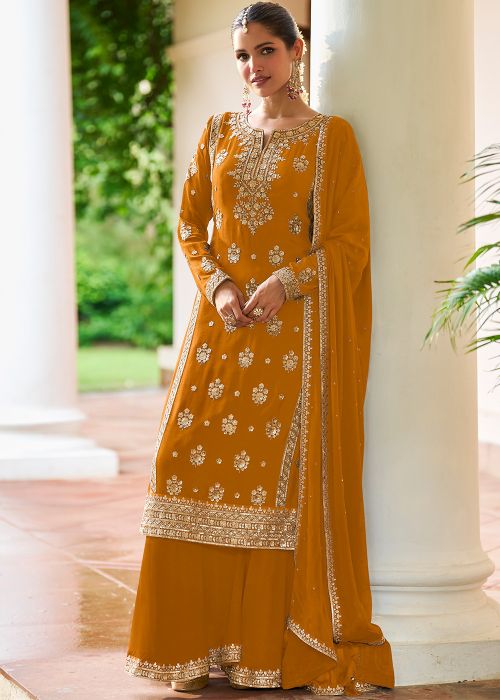 Mustard Yellow Chiffon Sharara Suit With Zari Work