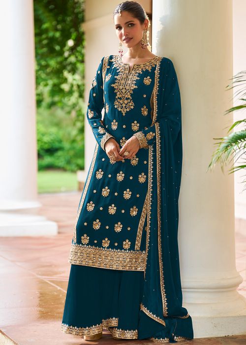 Teal Blue Chiffon Sharara Suit With Zari Detail