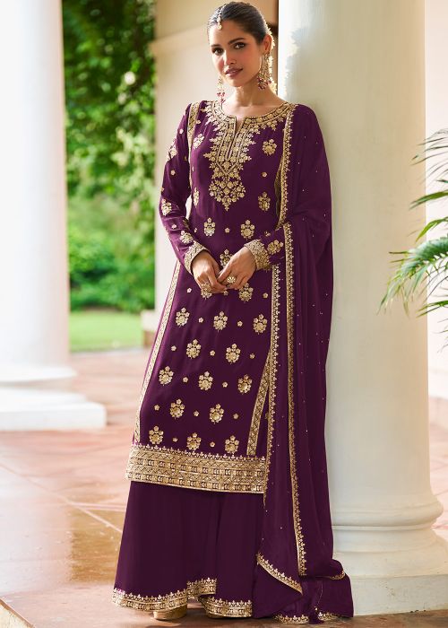 Purple Chiffon Sharara Suit With Zari Accents