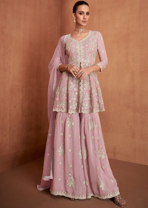 Rose Pink Georgette Sharara Suit With Thread Work