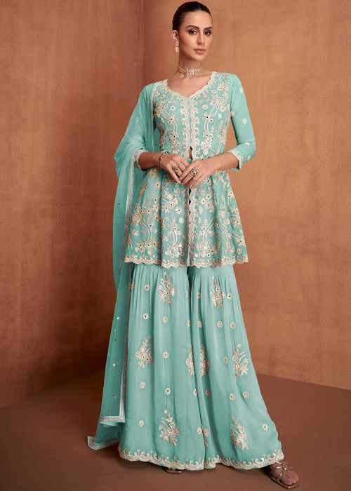Blue Georgette Sharara Suit With Sequins Embroidery