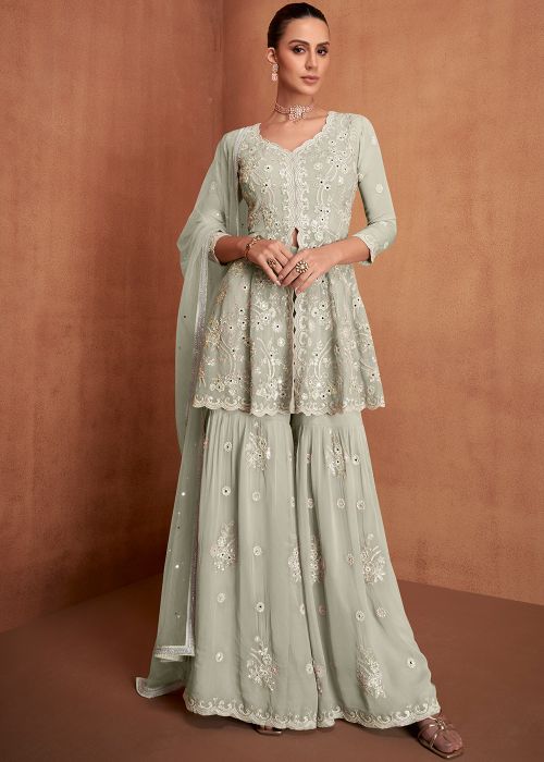 light grey pakistani dress Party Wear Grey Pakistani Dress with Lehenga Online 2022 MEDIUM